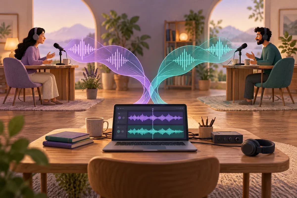 Two remote interview microphones connect through separate audio tracks towards one laptop.