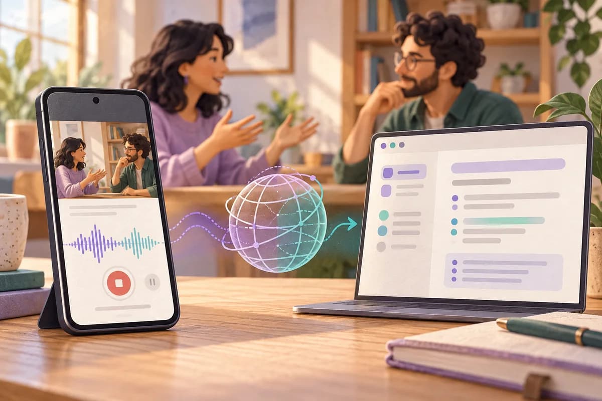 A Galaxy-style phone and a browser notes window are connected by a flowing audio ribbon.