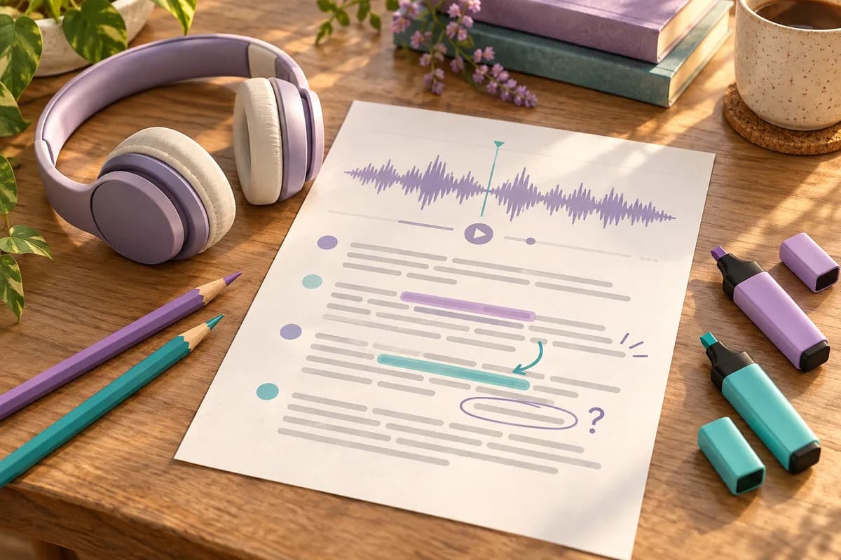 Two reviewers' colored markers converge on a transcript beside an audio waveform.