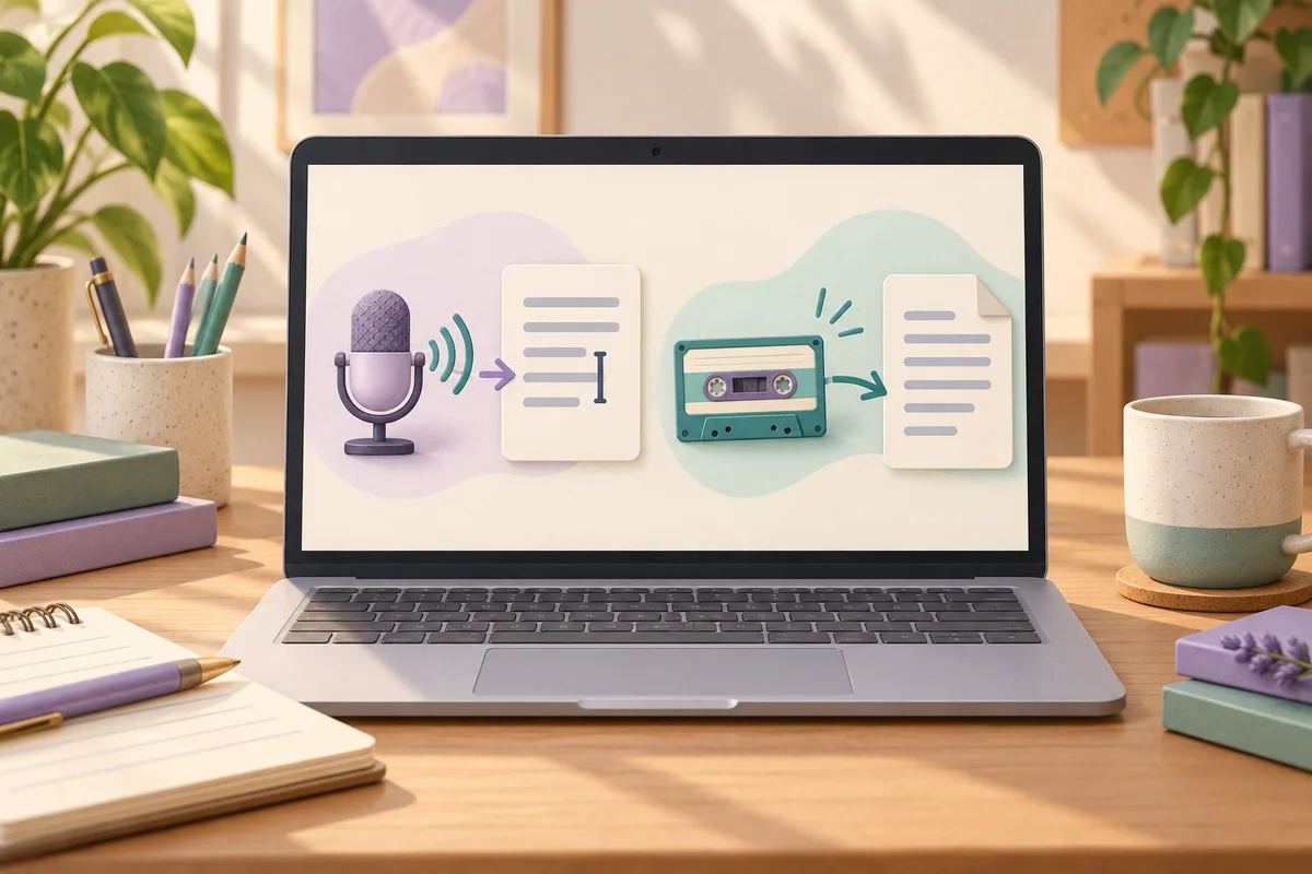 A laptop shows separate paths from a microphone to a cursor and from audio to a document.