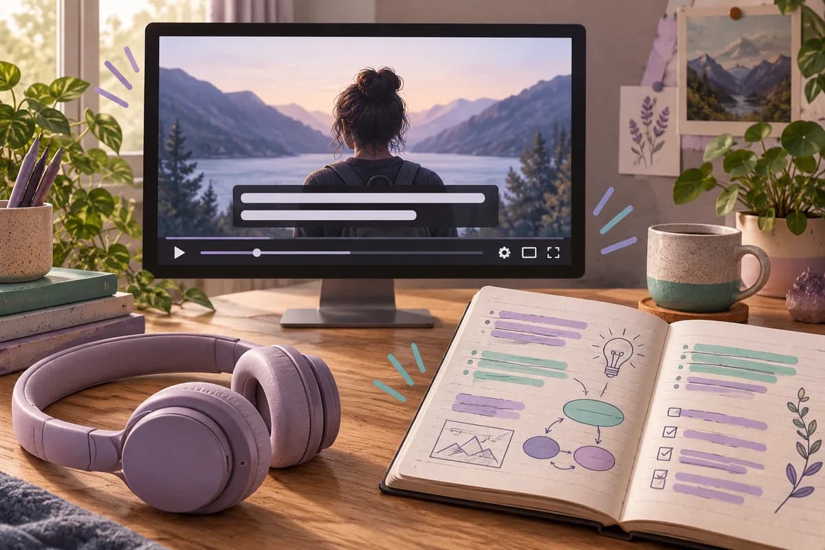 A video player with blank caption bars faces a private notebook with organized audio notes.