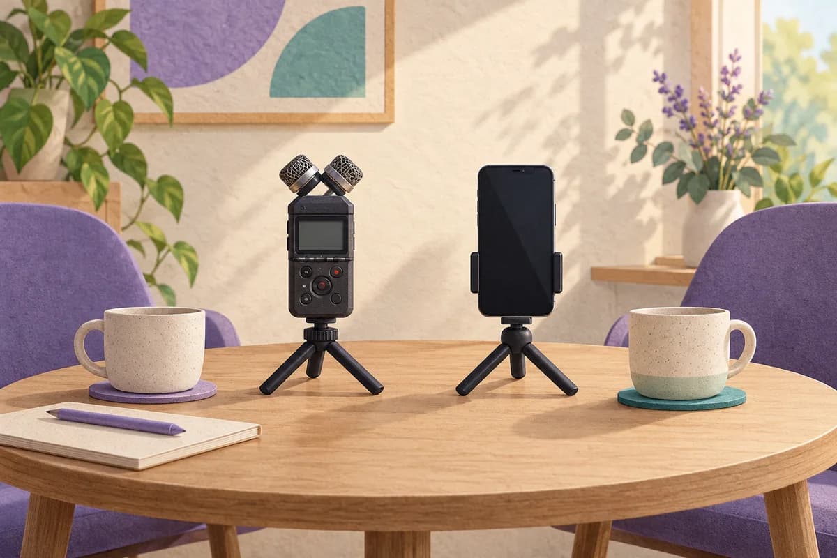 A compact handheld recorder and a smartphone sit at equal distance from a small meeting table.