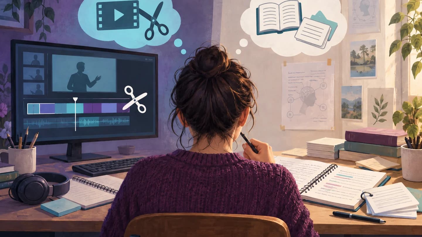 Illustration af videoklip og et redigeringssymbol ved siden af studienoter og spørgsmålskort.
