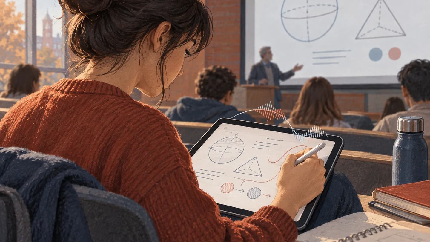Illustration af håndskrevne noter på en tablet med en lydkurve knyttet til noterne.