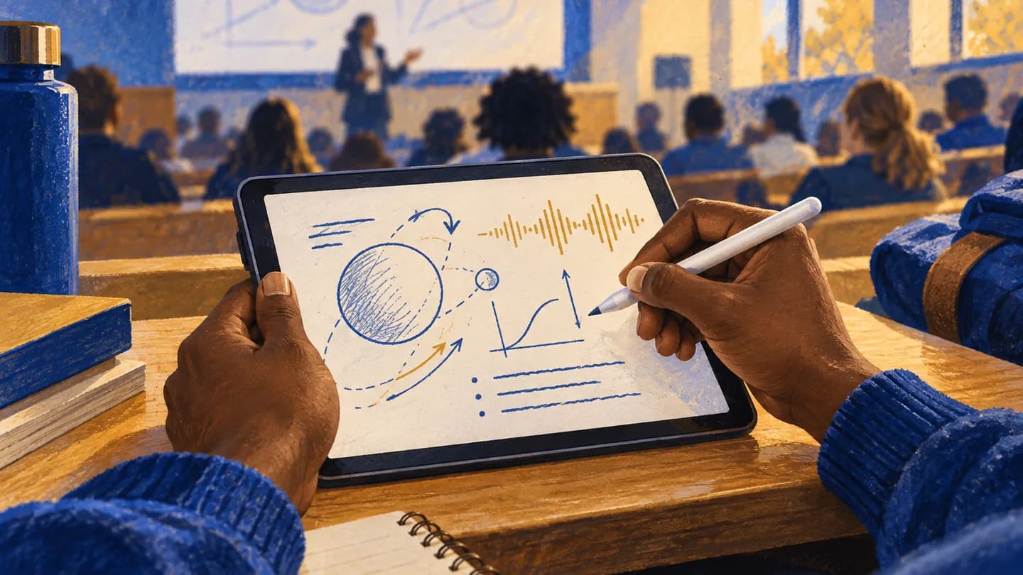 Illustration von handschriftlichen Vorlesungsnotizen auf einem Tablet mit einer zugeordneten Tonspur.