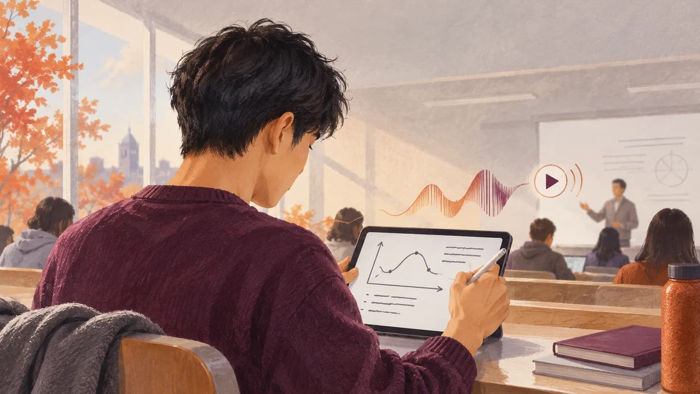 Illustration of handwritten lecture notes on a tablet beside an audio waveform.
