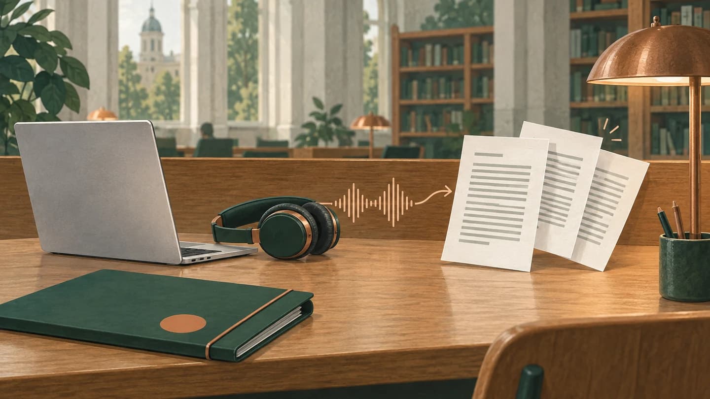 Illustration eines Laptops mit Kopfhörern und mehreren Dokumenten für die Weiterarbeit an einer Transkription.