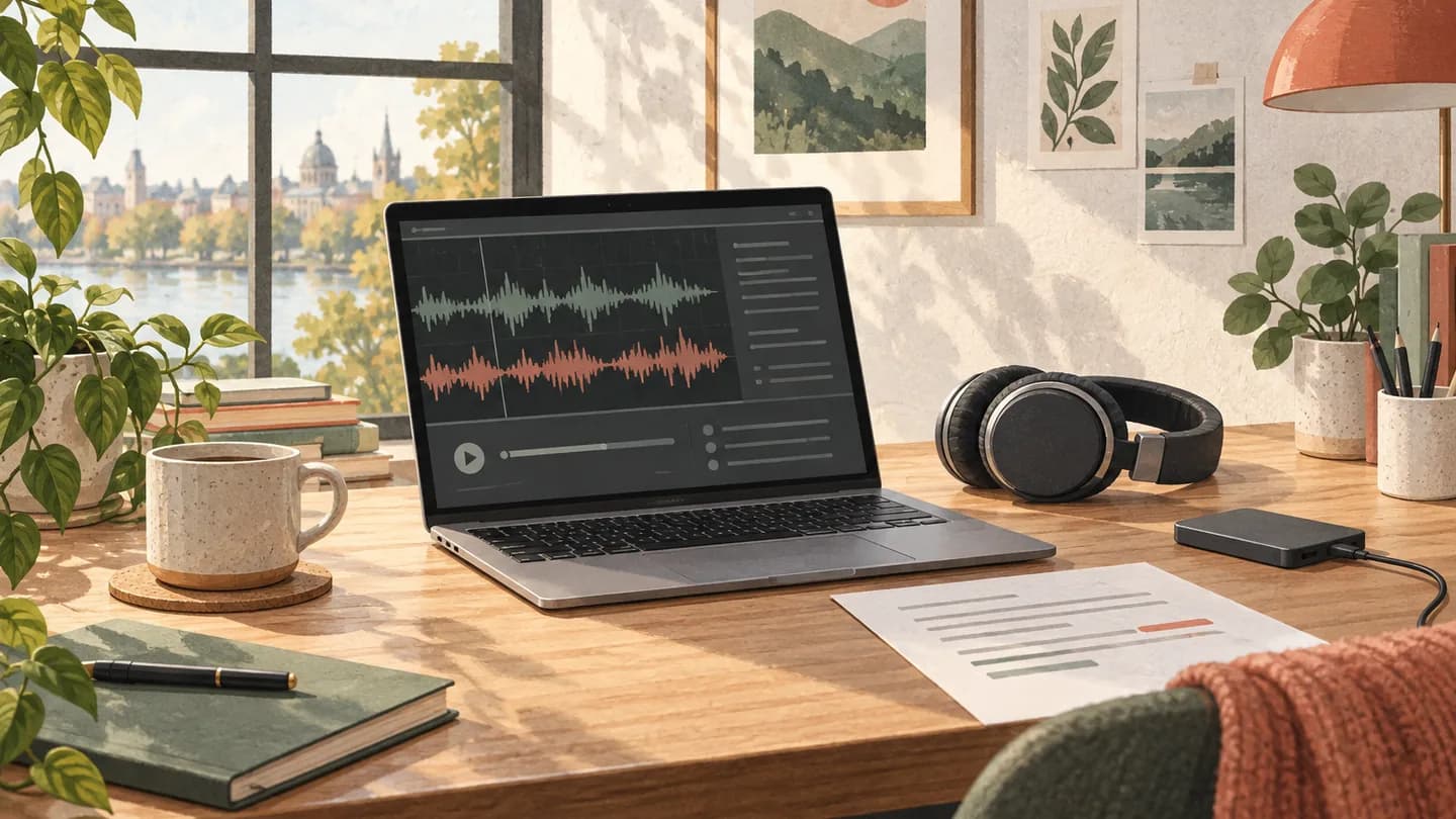 Illustration of audio on a laptop being turned into an editable document.