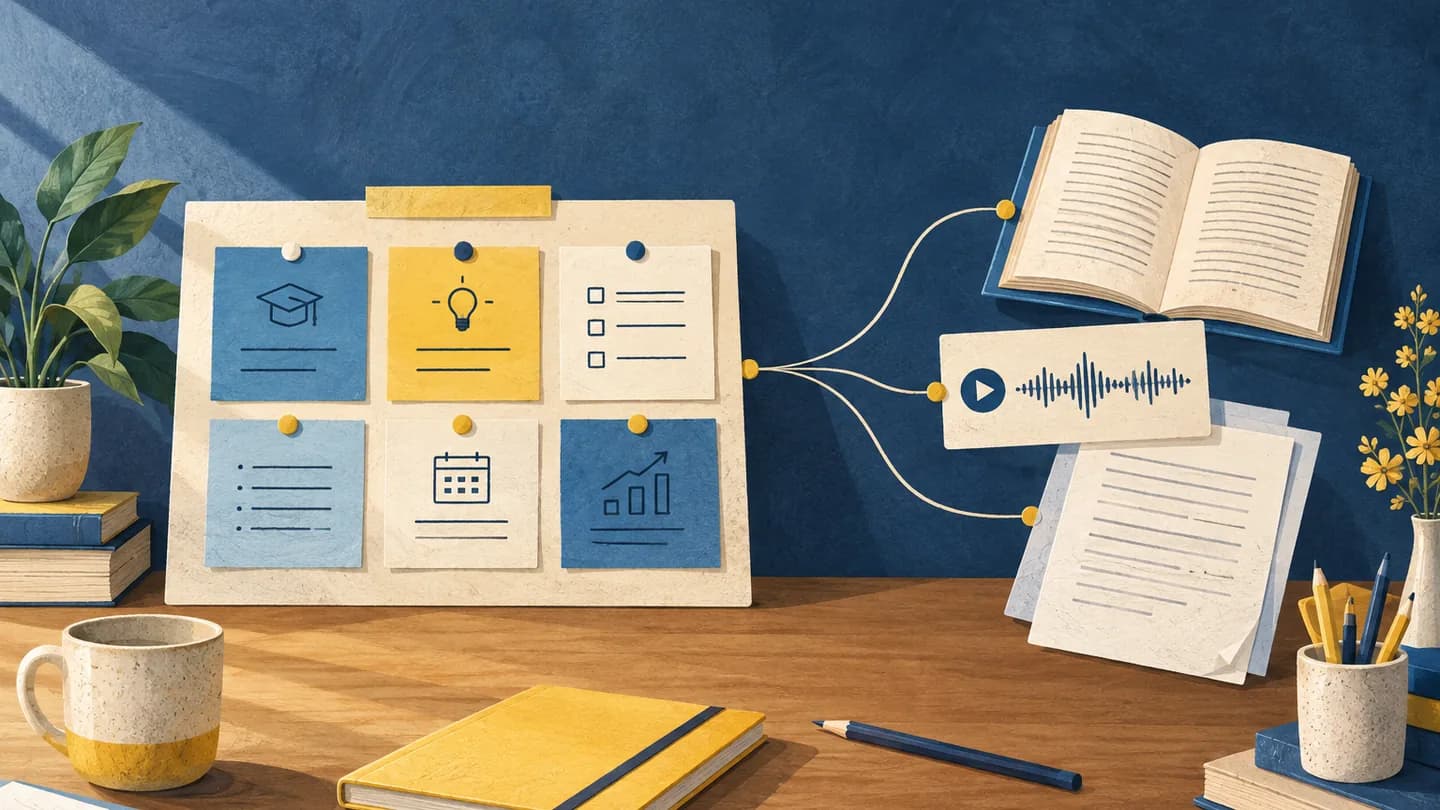 Illustration comparing a course planning board with a small collection of study sources.