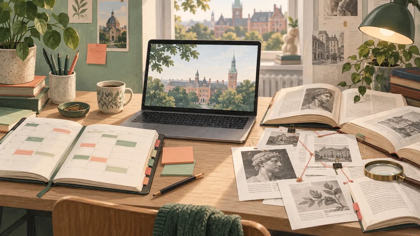 Illustration af et fagoverblik og en samling kildedokumenter på hver sin side af en computer.