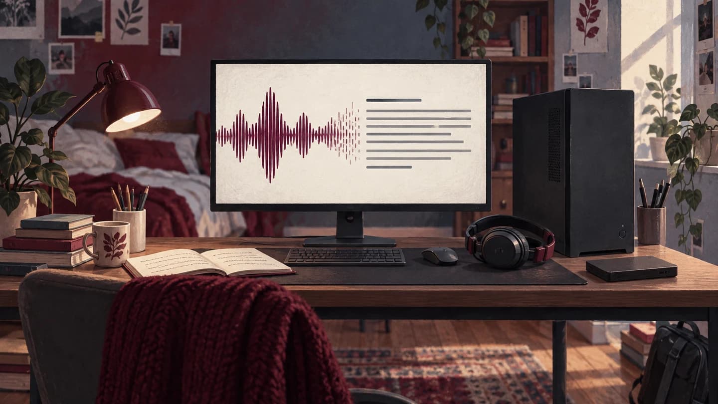 Illustration eines eigenen Computers mit Audiodatei, Kopfhörern und lokalem Speichermedium.