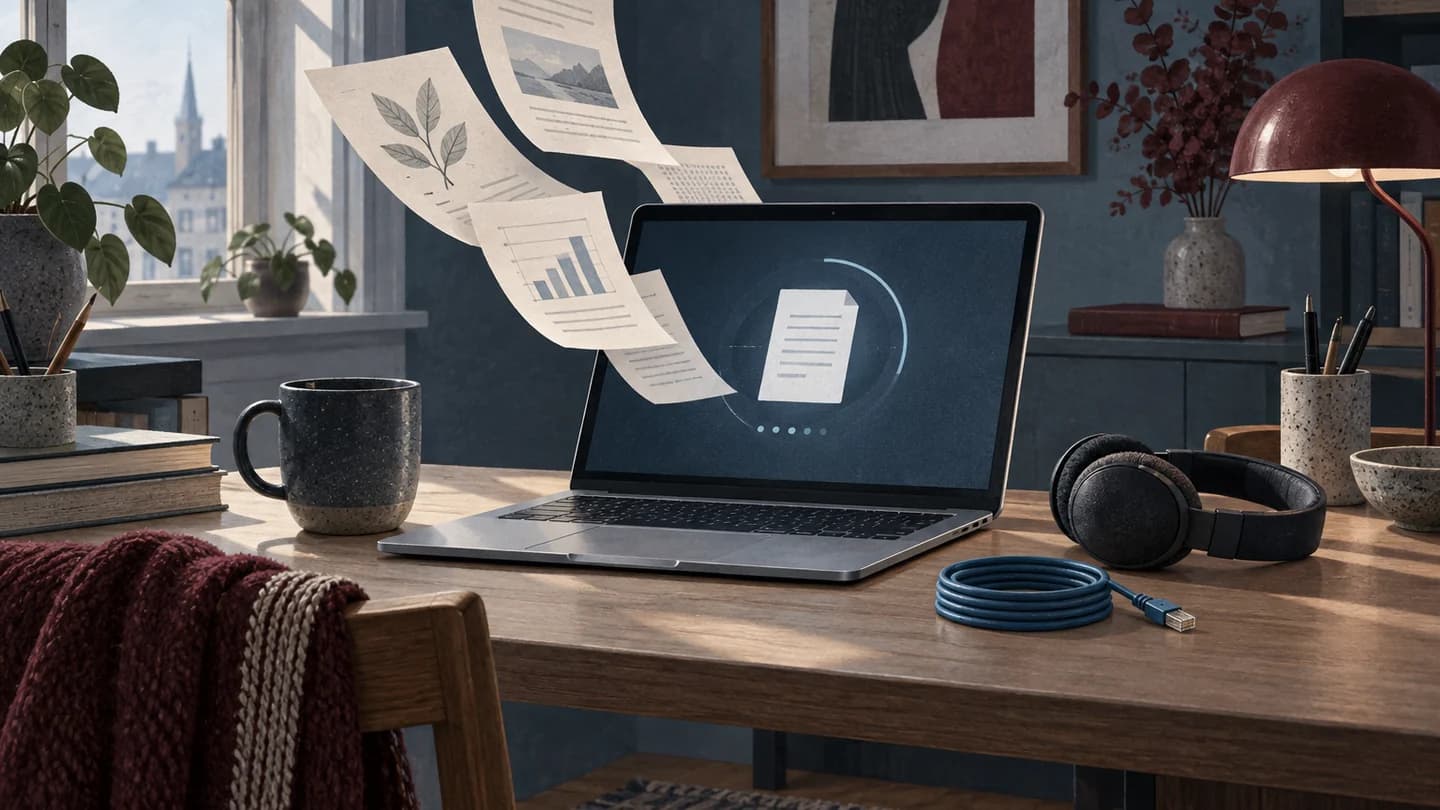 Illustration af en bærbar computer, hovedtelefoner og dokumenter som symbol på lokal transskribering.