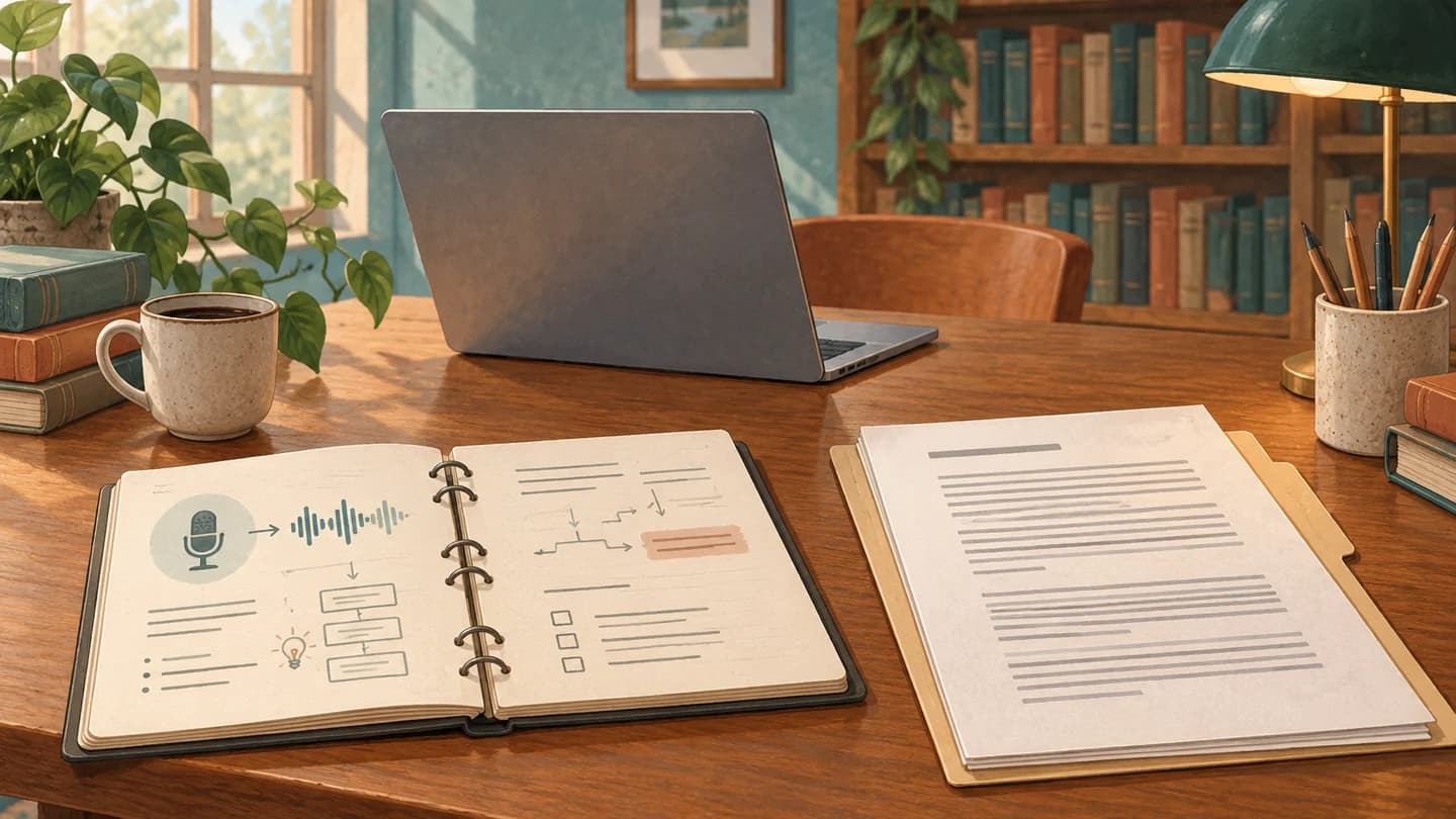 Illustration comparing audio-linked notebook pages with a finished transcript document.