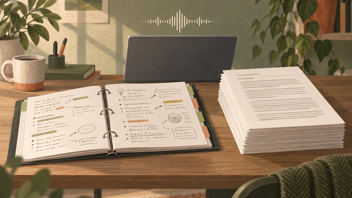 Illustration von kurzen Vorlesungsnotizen und einer vollständigen Transkription als zwei unterschiedlichen Ergebnissen.