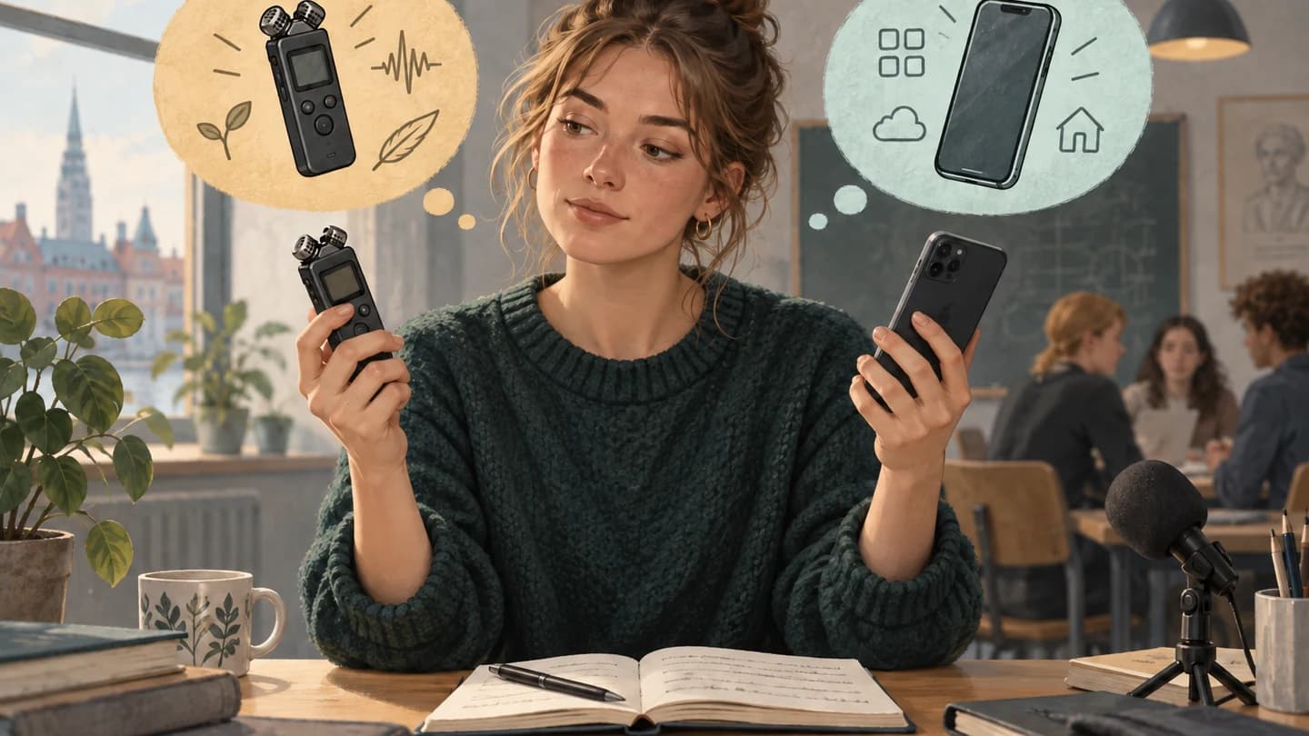 Illustration af en studerende, der sammenligner en lille lydoptager med sin telefon ved et bord.