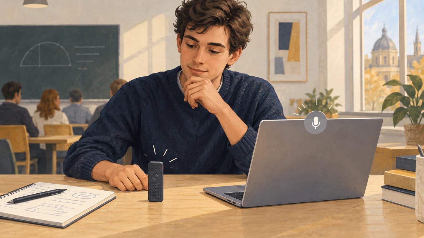 Illustration eines Studenten, der einen kleinen Audiorekorder mit der Aufnahme am Laptop vergleicht.