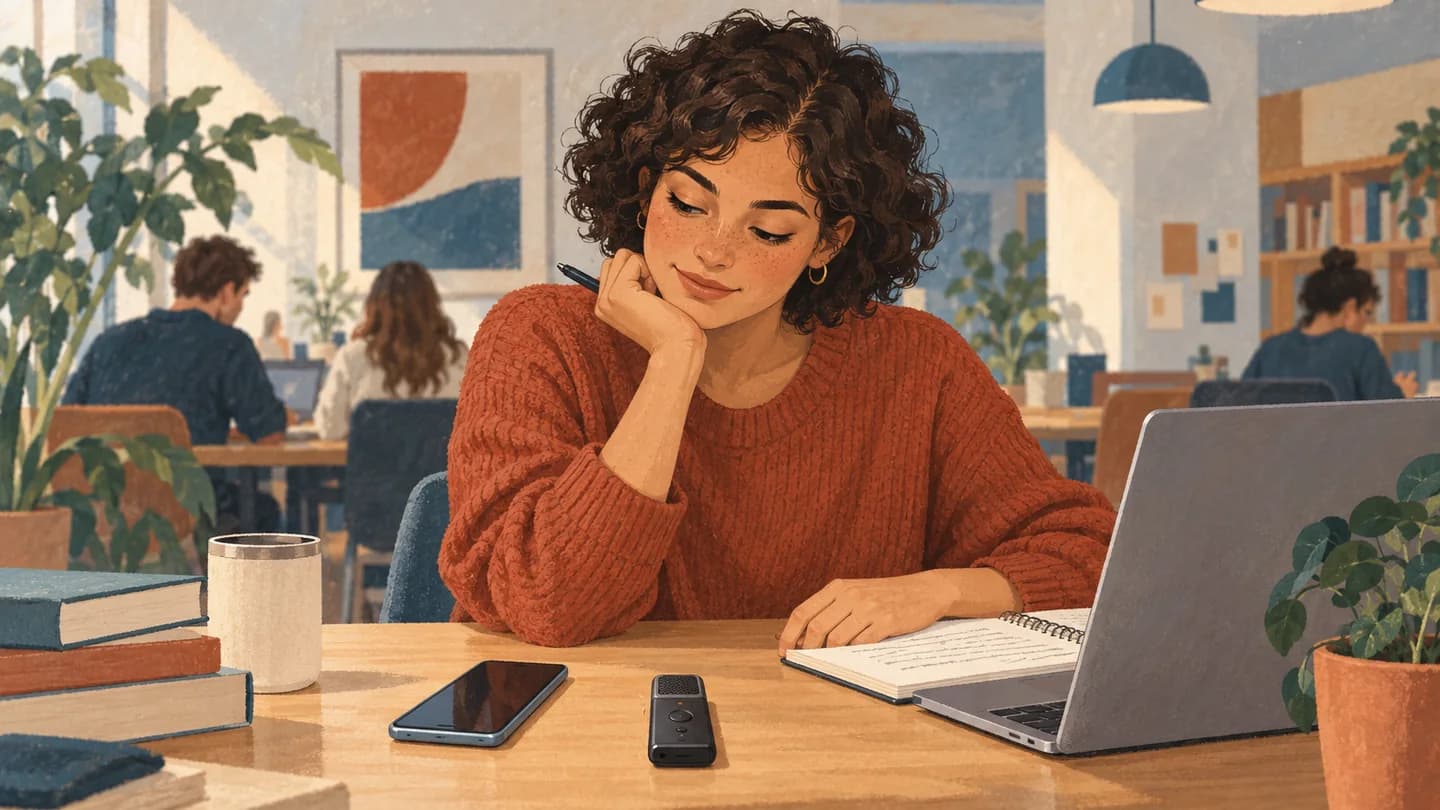 Illustration of a student comparing a pocket recorder with recording on a phone and laptop.