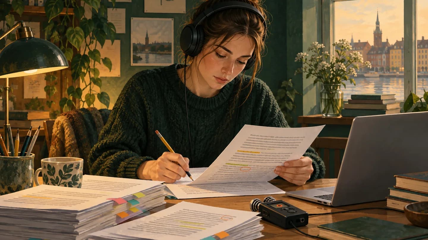 Illustration af en studerende, der kontrollerer et interview med hovedtelefoner, transskription og lydoptager.