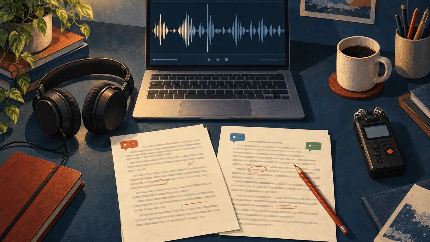Illustration of a researcher checking an interview transcript against an audio recording.